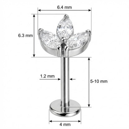 Titanium Labret Three Marquise Crystal Petals Internally Threaded