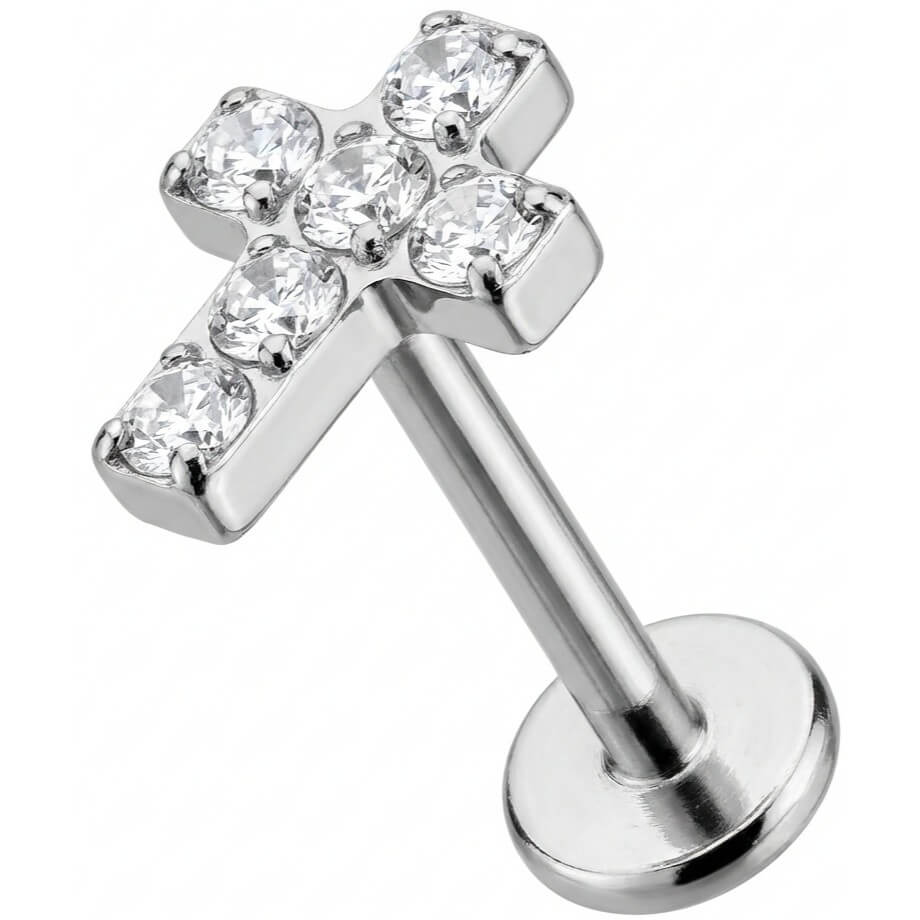 Titanium Labret Paved Crystal Cross Design Internally Threaded