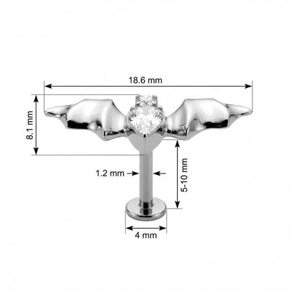 Titanium Labret Crystal Bat Wings Design Internally Threaded