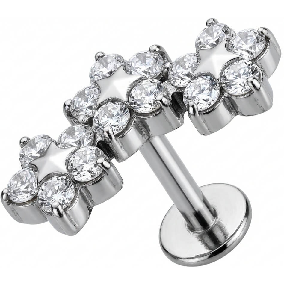 Titanium Labret Triple Crystal Star Flower Cluster Internally Threaded
