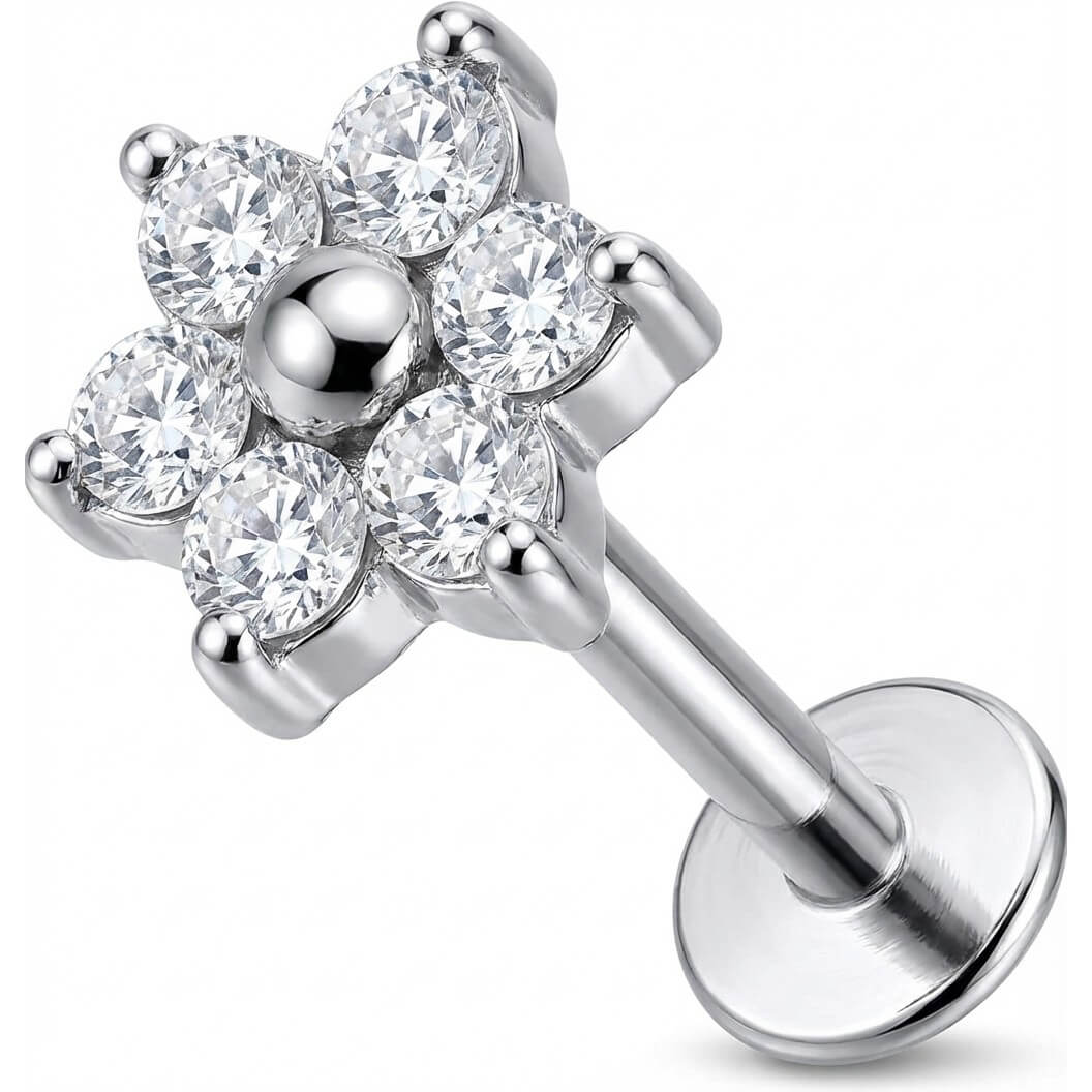 Titanium Labret Clear Crystal Flower Blossom Internally Threaded