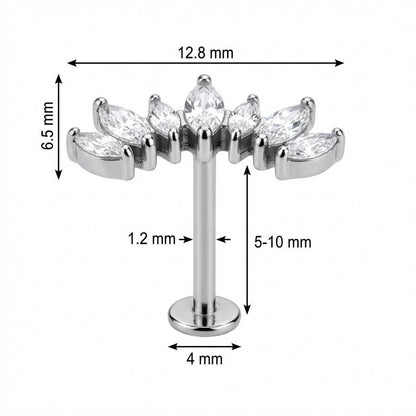 Titanium Labret Curved Marquise Crystal Vine Arc Internally Threaded