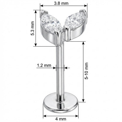Titanium Labret Double Marquise Crystal Leaves Internally Threaded