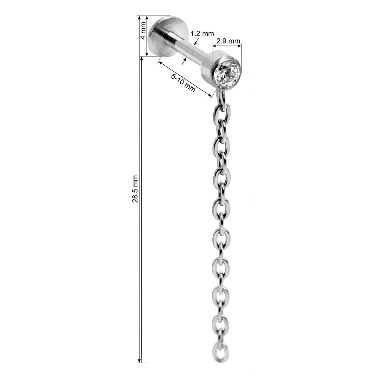 Titanium Labret Bezel Crystal With Dangle Chain Internally Threaded