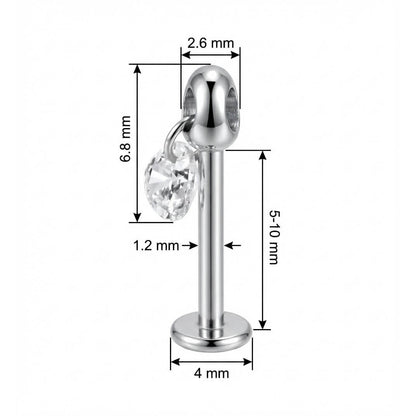Titanium Labret Dangling Pear Cut Crystal Internally Threaded