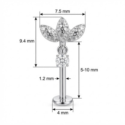 Titanium Labret Textured Leaves Crystal Dangle Internally Threaded