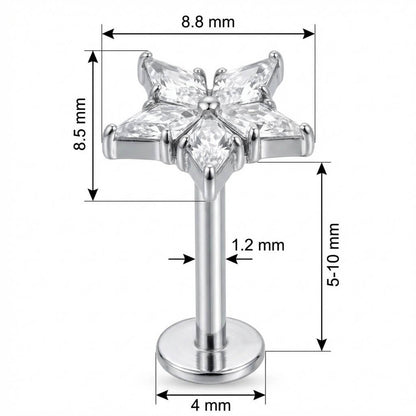 Titanium Labret Five Point Crystal Star Internally Threaded