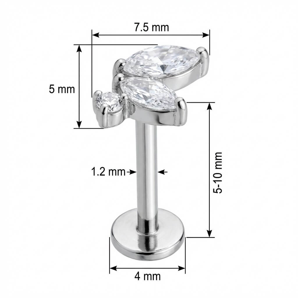 Titanium Labret Marquise Crystal Leaf Cluster Internally Threaded