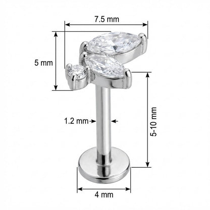 Titanium Labret Marquise Crystal Leaf Cluster Internally Threaded