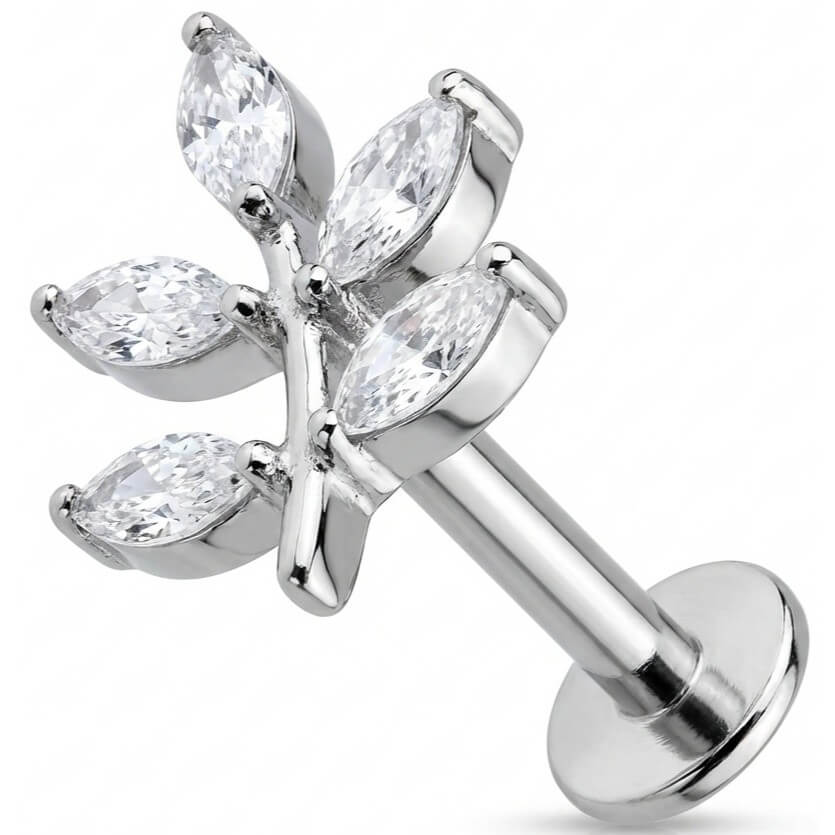 Titanium Labret Crystal Marquise Leaf Branch Internally Threaded