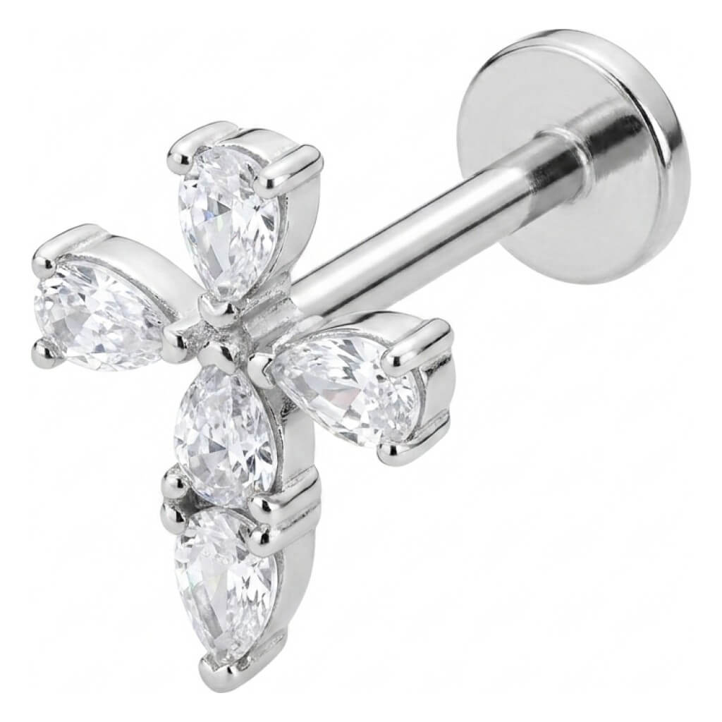 Titanium Labret Cross Teardrop Zirconia Internally Threaded